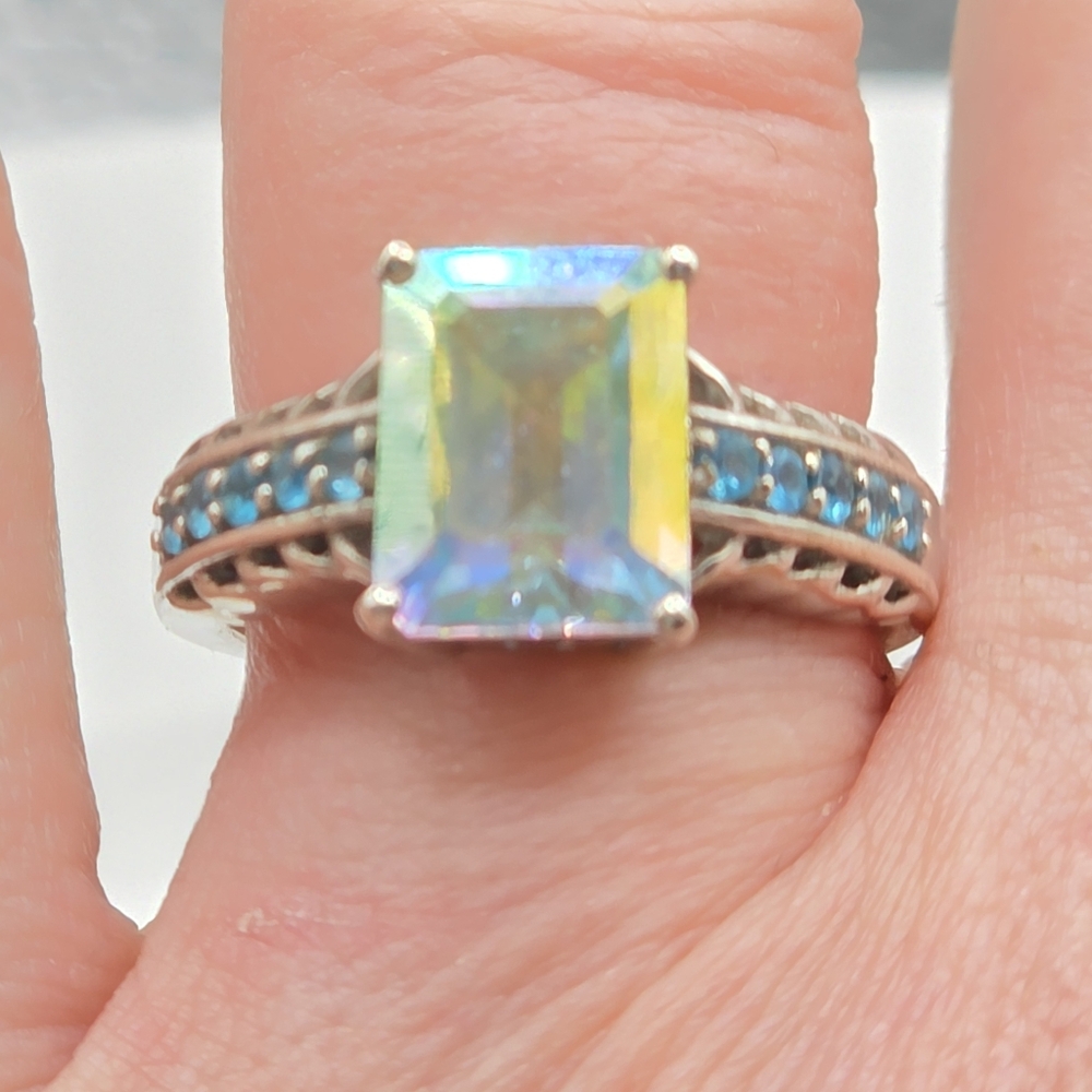 Designer Signed  Mercury Mist Topaz And Neon Blue Apatite Ring - Picture 5 of 8